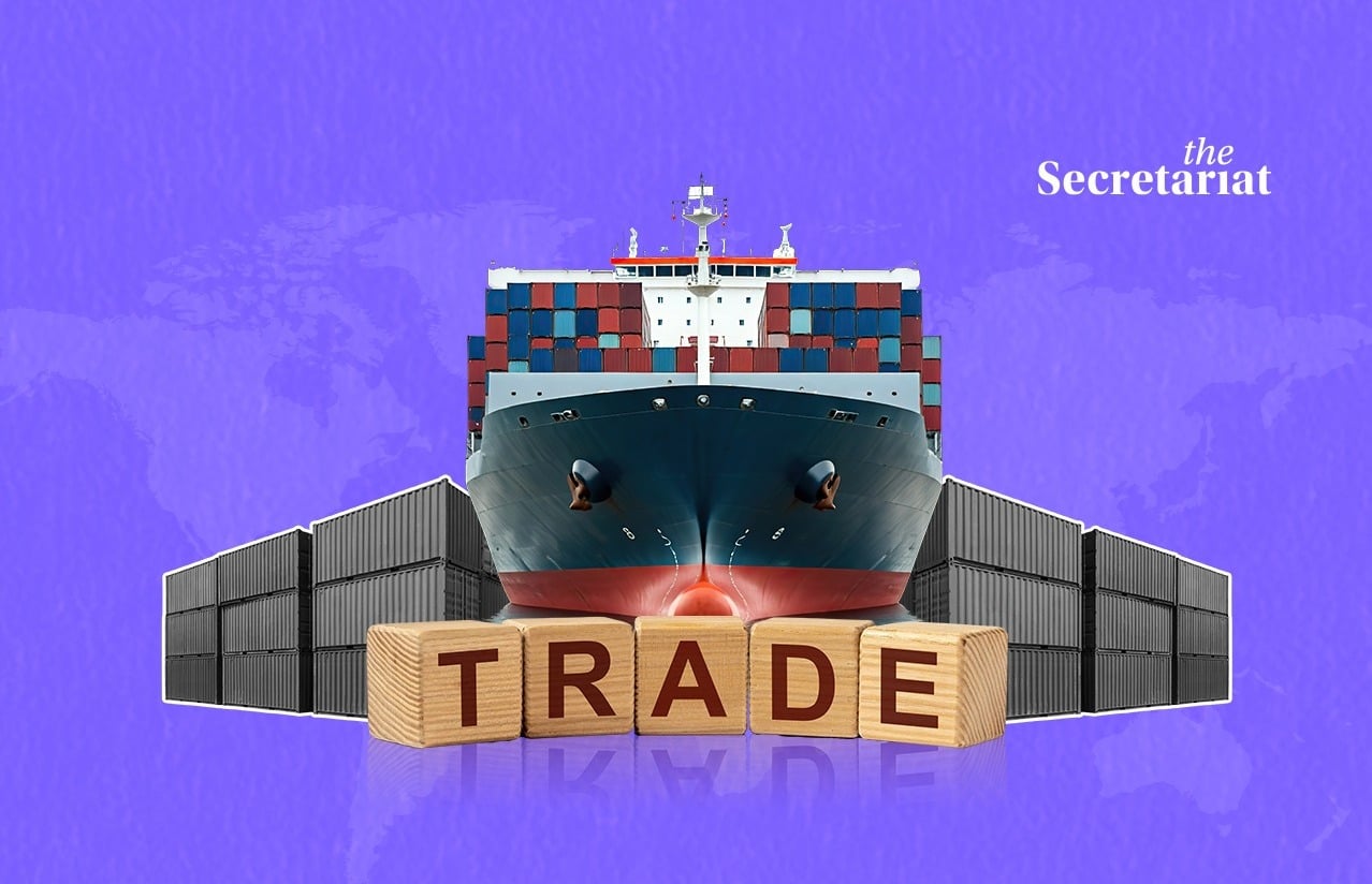 Cargo ship and trade blocks symbolising India's trade agreements and widening trade deficit