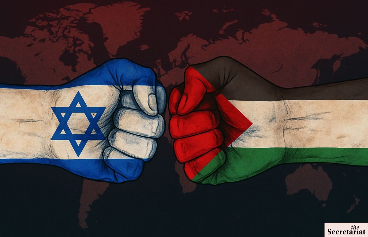 Fists facing each other with flags of Iran & Israel