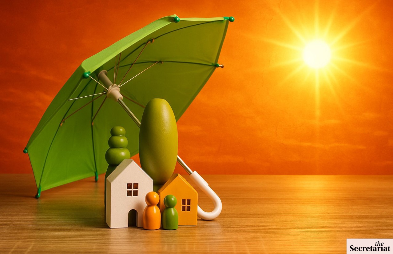 Toy models of homes and people sheltered from scorching sun by a green umbrella