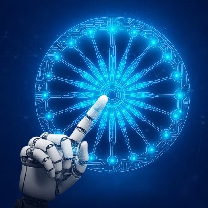 Digital interface depicting artificial intelligence applications in education, governance and techno