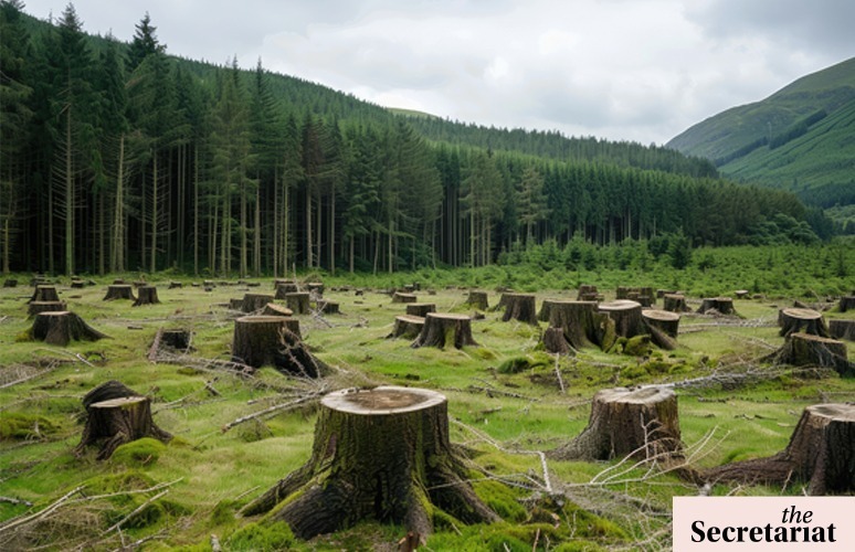 Deforested landscape showing tree stumps and fragmented forest cover