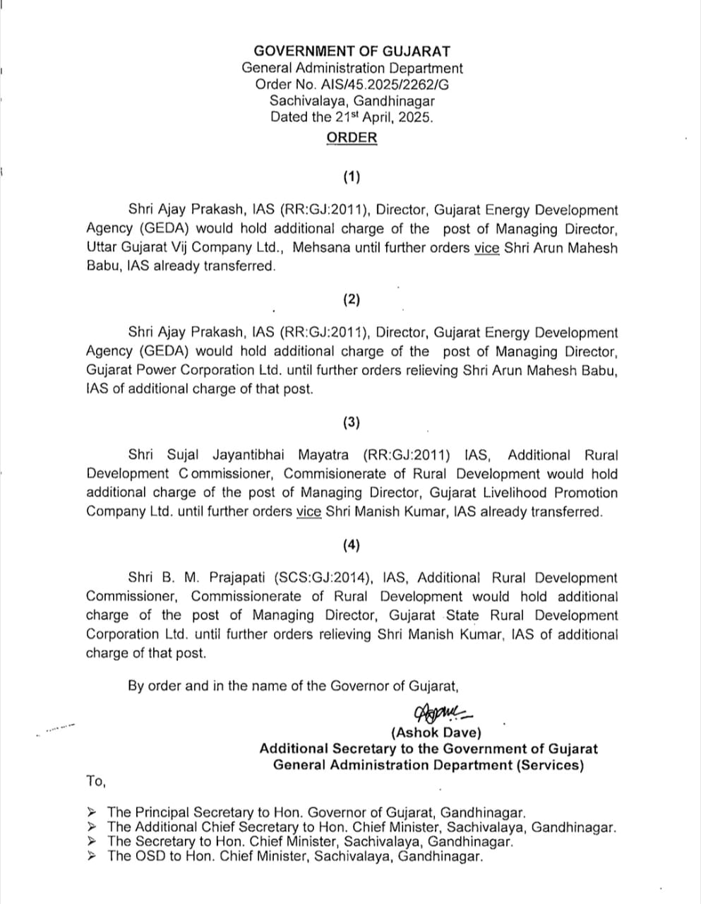 Additional Charges Assigned to 3 IAS officers in Gujarat